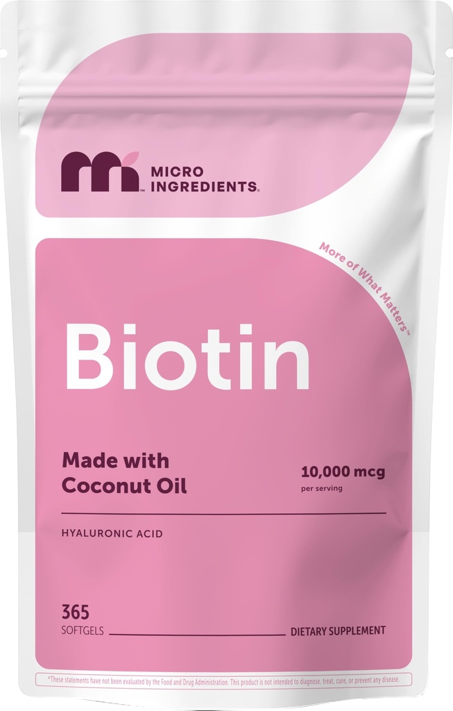 Micro Ingredients Biotin 10,000 mcg with Hyaluronic Acid 25 mg Per Serving | Made with Coconut Oil | 365 Softgels | 1 Per Day | One Year Supply | Non-GMO & Gluten Free