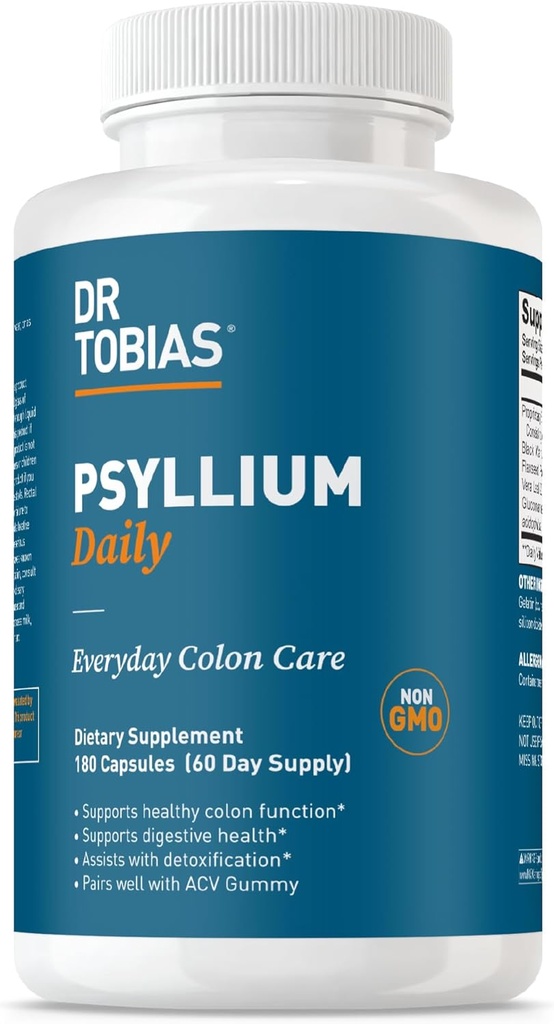Dr. Tobias Psyllium Daily, apoya el movimiento de bolos saludables, cápsulas husk de Psyllium con arcilla bentonita, ingredientes naturales de Flaxseed, suplemento diario de fibra en apoyo de la salud del colon, 180 cápsulas