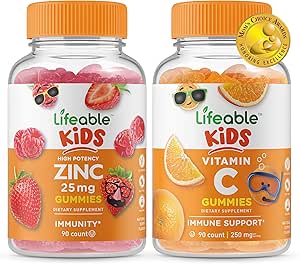 Zinc Lifeable 25mg Kids + Vitamin C Kids, Gummies Bundle - Gran Tasting, Suplemento de vitaminas, Gluten Gratis, GMO Gratis, Chewable Gummy