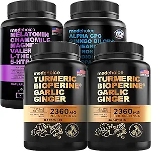 MEDCHOICE Turmeric " Ginger (240ct), Sleep Melatonin (90ct) y Nootropic Brain (60ct) Supplement Bundle - Wellness Trio for Brain, Sleep, " Immune Support - Vegan, Non-GMO, Gluten-Free