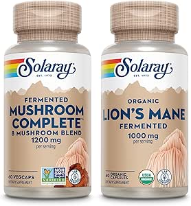 SOLARAY Mushroom Complete and Lions Mane Mushrooms Bundle - 8 Mushroom Supplement Plus Organic Lion's Mane - Fermented for Enhanced Absorption and Whole Body Wellness, 60-Day Guarantee, 60 VegCaps Ea.