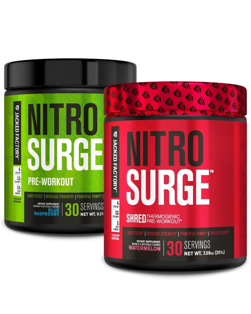 Nitrosurge Pre-Workout Jacked Factory en Blue Raspberry & Watermelon Nitrosurge Shred Thermogenic Pre-Workout for Men &amp; Women