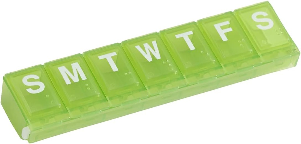 Planificador semanal de píldoras de 7 días, caja de medicina, caja de organizadores de vitaminas, grandes compartimientos de bloqueo para medicamentos de prescripción segura y prevenir el espiramiento accidental, verde