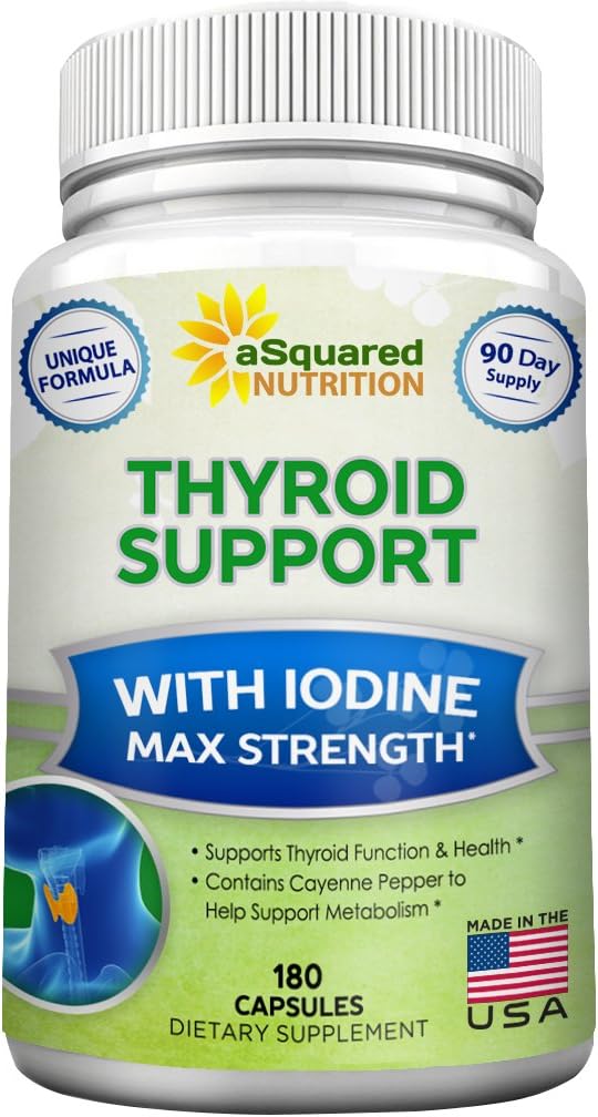 aSquared Nutrition Premium Thyroid Support Suplemento con Iodine (180 cápsulas) - Mejor Herbal &amp; Vitamin Complex Pills w/ B12, Ashwagandha, Bladderwrack & Kelp - Helper for Healthy Hormone & Energy