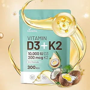 Vitamina D3 K2 10000 UI con MK7-300 Aceite de coco virgen Softgels, 2 en 1 Complejo de vitaminas D &amp; K TENIDO Vitamina D3 con K2 ANTERIENTE Apoya Absorción de calcio, hueso, inmune, &amp; salud del corazón – Fácil de absorber