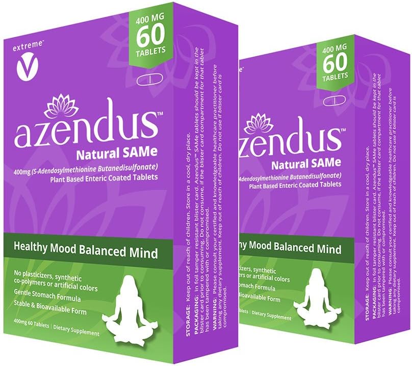 Azendus Mood 400mg 2-Boxes of S-Adendosylmethionine Butanedisulfonate (SAM-e) 120 Enteric Coated Tablets - Vegan, Gluten Free, Soy Free