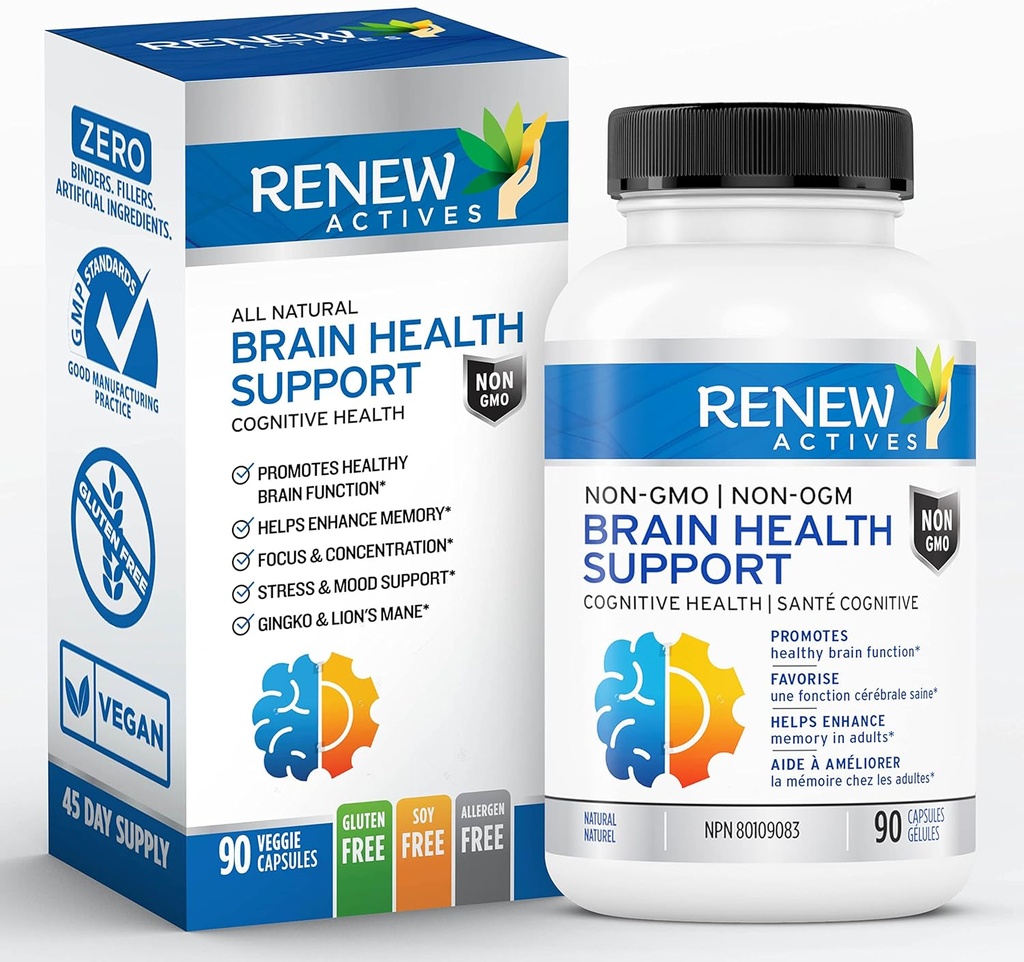 Renew Actives Brain Health Support – Bacopa 300MG, Ginkgo 100MG, Lion’s Mane 200MG por 2 cápsulas – Apoya la salud cognitiva, la memoria mejorada, promueve Focus &amp; Mood – Made in Canada - 90 cápsulas