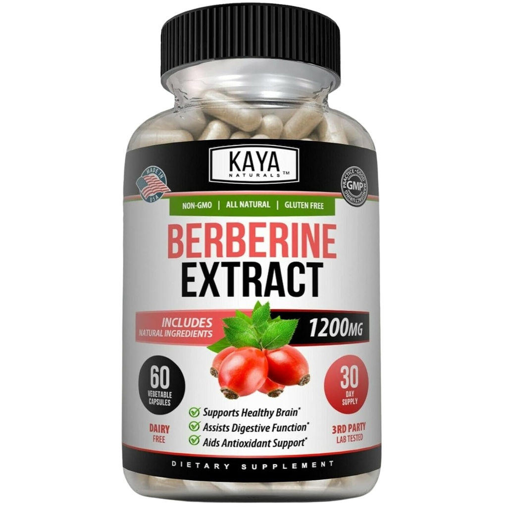 Kaya Naturals Berberine HCL Extracto 1200mg - Sistema Inmunitario - Niveles de Gluco - Salud Gut (Vegetariano, No GMO &amp; Sin gluten) Suplemento de Berberina (60 Cuenta (Pack de 1)