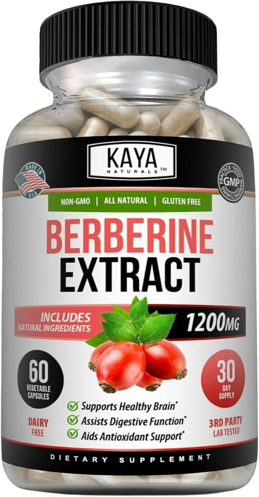 Kaya Naturals Berberine HCL Extracto 1200mg - Sistema Inmunitario - Niveles de Gluco - Salud Gut (Vegetariano, No GMO &amp; Sin gluten) Suplemento de Berberina (60 Cuenta (Pack de 1)