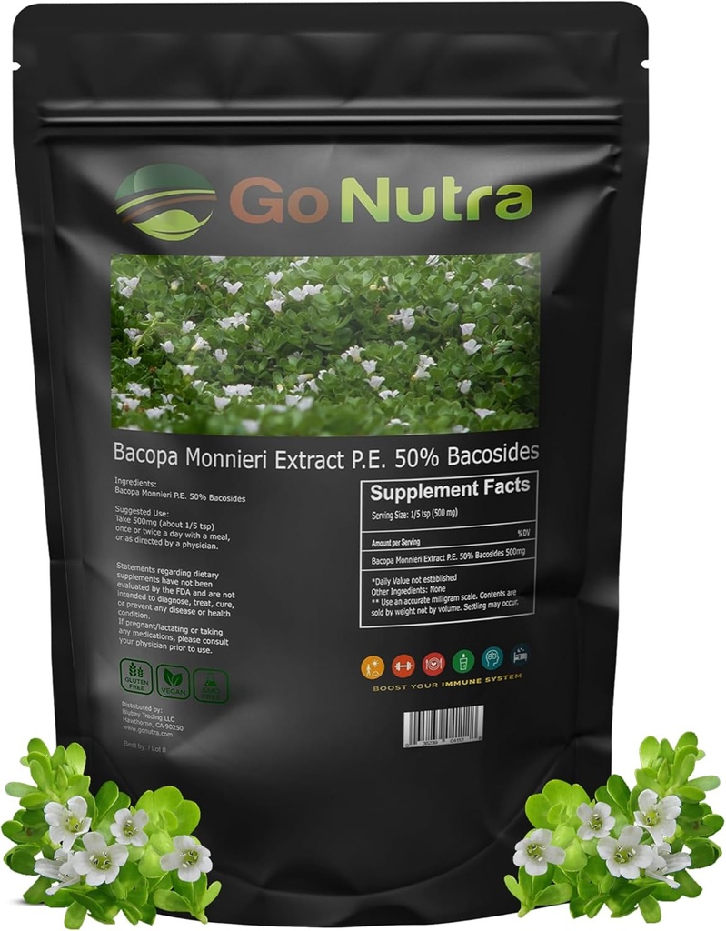 Go Nutra Bacopa Extract Powder (Bacopa Monnieri) 50% Bacosides - Herbal Extract Brahmi Suplemento (8 oz.)