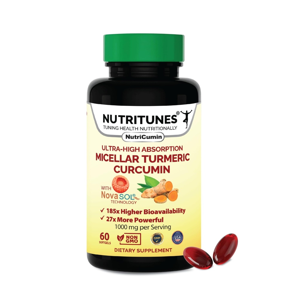 NutriCumin NovaSOL Turmeric Curcumin 1000 mg – 185× Absorption – Supports Joint Comfort & Mobility – Non‑GMO Softgels, 60 Ct.