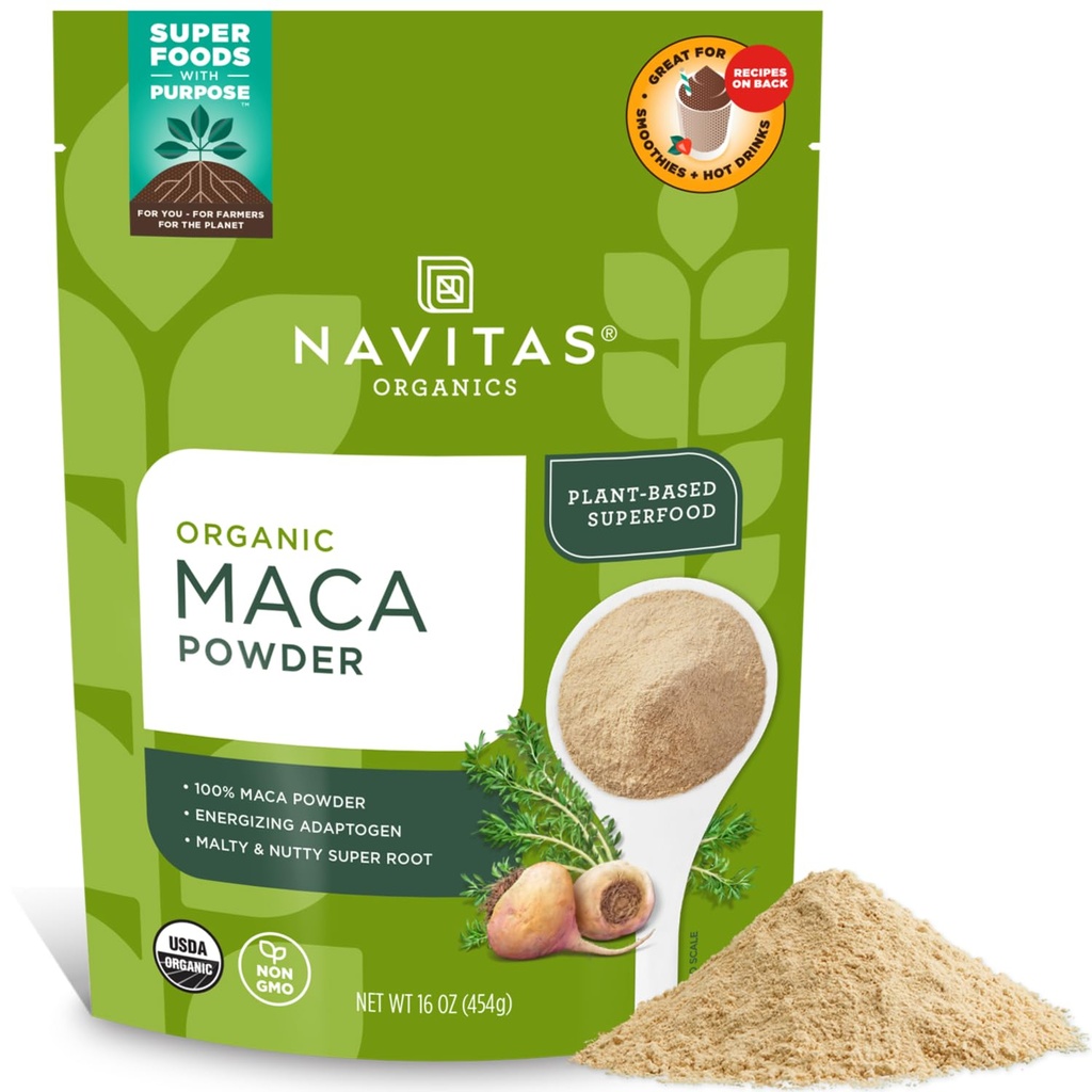 Navitas Organics Maca Powder – 100% Gelatinized Peruvian Maca for Smoothies, Lattes, Baking & More – Energize & Balance - USDA Organic, Non GMO, Vegan, Gluten Free - 16oz. Bag