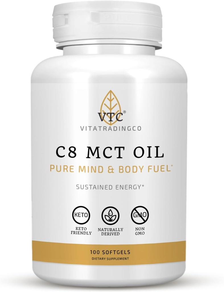 VTC VitaTradingCo. C8 MCT Oil Capsules ← Naturalmente Derived Caprylic C8 Suplemento Silencio Coconut Oil Pills ← Sostened Energy ← Keto Friendly, Non GMO  100 Softgels
