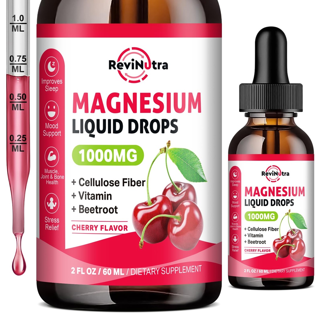 Magnesium Glycinate Liquid Drops, 1000mg Magnesium Glycinate, Citrate & Taurate with Fiber, Beetroot, Vitamin B & C for Sleep, Calm, Muscle, Energy & Relaxation, 2 Fl Oz, Sugar-Free Cherry Flavor