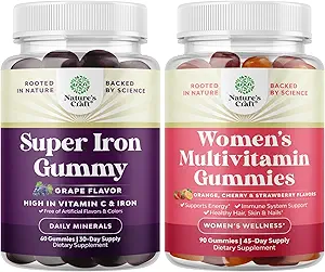 Conjunto de Gummies Extra Strength Iron para Mujeres y Hombres con Vitamina C para la Absorción Superior, y Delicious Daily Multivitamin para Adultos Energía e Inmunidad - Vitaminas para la Salud y Bienestar de la Mujer
