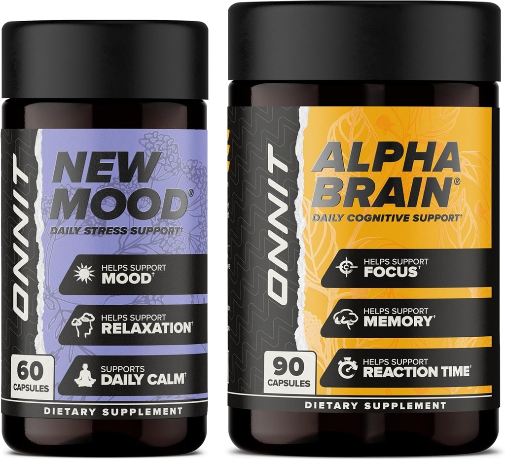 ONNIT Premium Alpha Brain Bundle - Suplemento Nootropic Brain (90 Cuenta) para Focus, Concentration &amp; Memory + Nuevo Mood Suplemento para el alivio de estrés, sueño y mood (60 Conde)