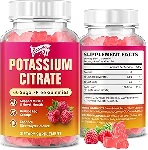 Potasio Citrate Gummies 1000mg, Suplemento de Potasio para Adultos Mujeres &amp; Hombres, Apoyo Leg Cramps &amp; Muscle Health, 60 Cuenta