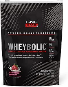GNC AMP Wheybolic Clinically Protein Powder, 40g Whey Protein, BCAA, Leucine, Aumenta la fuerza muscular, el edificio del músculo, 3er partido testado, Gluten Free, Strawberries and Cream, 10 servidos