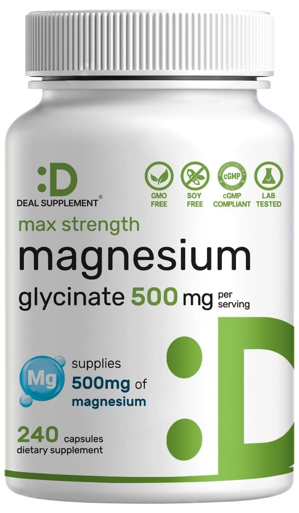 Max Strength Magnesium Glycinate 500mg Por Serving, 240 cápsulas TENIDO 100% Chelated for Easy Absorption ← Essential Mineral Supplement for Muscle, Sleep, & Heart Health
