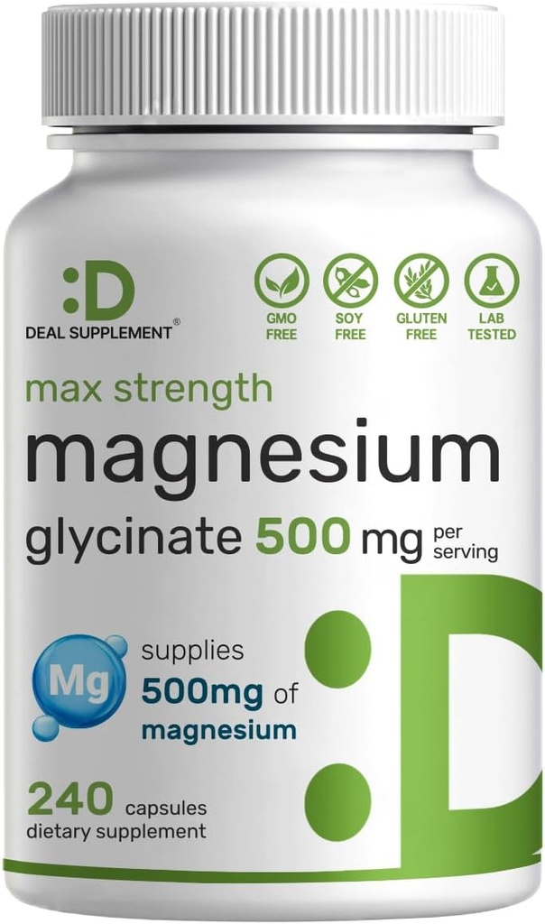 Max Strength Magnesium Glycinate 500mg Por Serving, 240 cápsulas TENIDO 100% Chelated for Easy Absorption ← Essential Mineral Supplement for Muscle, Sleep, & Heart Health