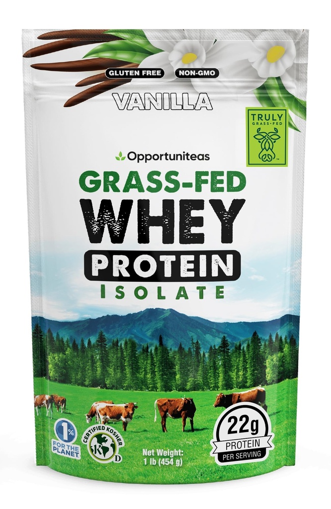 Opportuniteas Grass Fed Vanilla Whey Isolate Protein Powder – 22g Protein, Heavy-Metal Tested, Organic Cane Sugar & Organic Vanilla Flavor, Non-GMO, Hormone-Free, Sourced from Ireland, 1lb