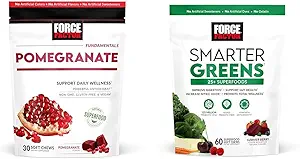 Force Factor Pomegranate Soft Chews for Healthy Aging & Smarter Greens Superfood Chews with 25+ Superfoods, Probiotics & Prebiotic Fiber, 60 Soft Chews