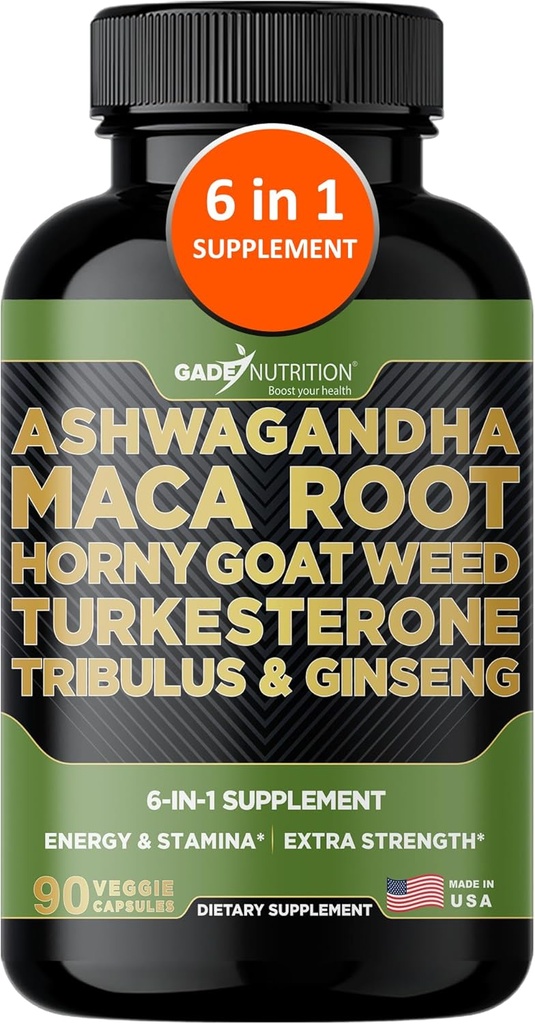Gade Nutrition Ashwagandha with Maca Root, Horny Goat Weed, Turkesterone Supplement, Tribulus Terrestris, Panax Ginseng ANTE 90 Vegetable Capsules for Energy, Stamina, Performance. Silencio Made in USA