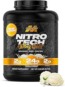MuscleTech Whey Protein Powder (Vanilla Cream, 5LB) - Nitro-Tech Whey Protein Isolate Smoothie Mix for Lean Muscle & Recovery - 24g of Whey Gold for Women & Men - Packaging May Vary