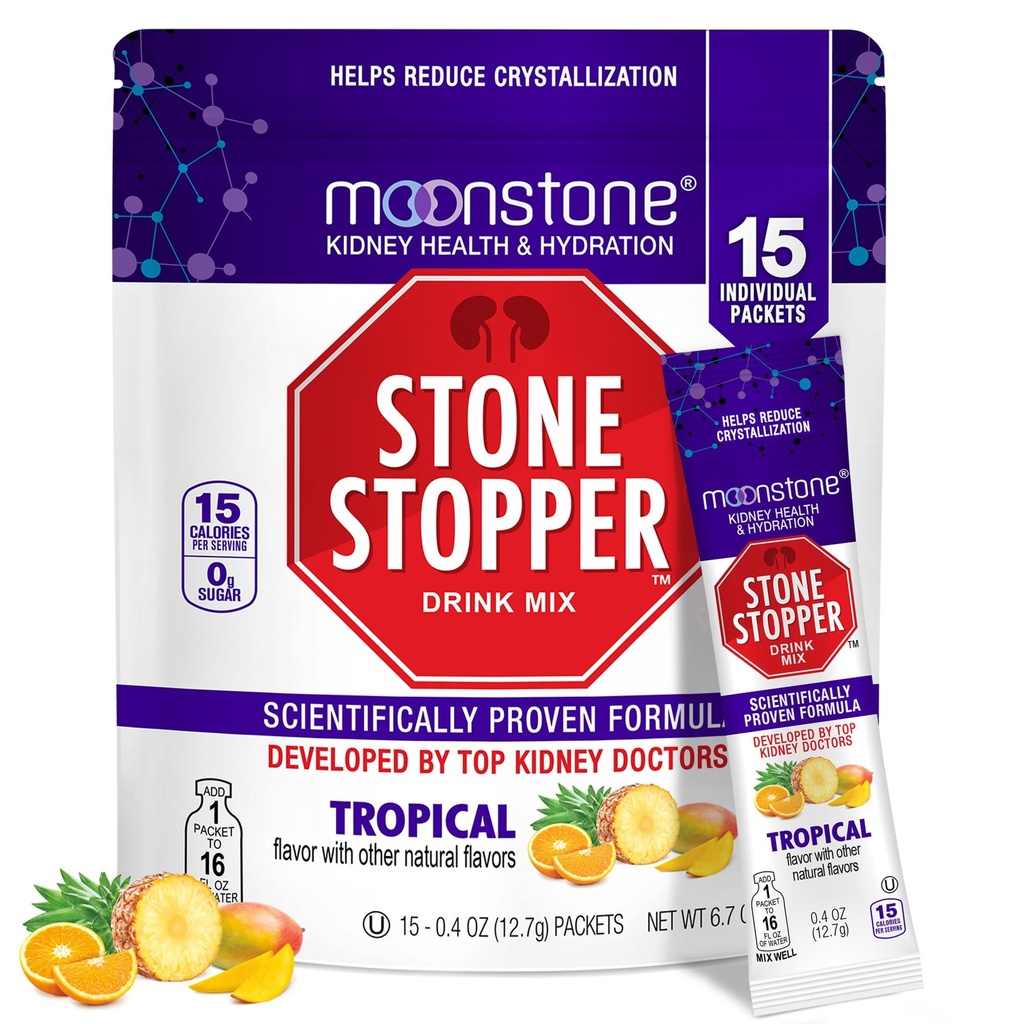 Moonstone Stone Stopper Drink Mix, Tropical, Kidney Stone Prevention, Calcium Oxalate Protector, Desarrollado por los urólogos para mejorar la higiene y apoyar la salud del riñón, 15 Day Supply
