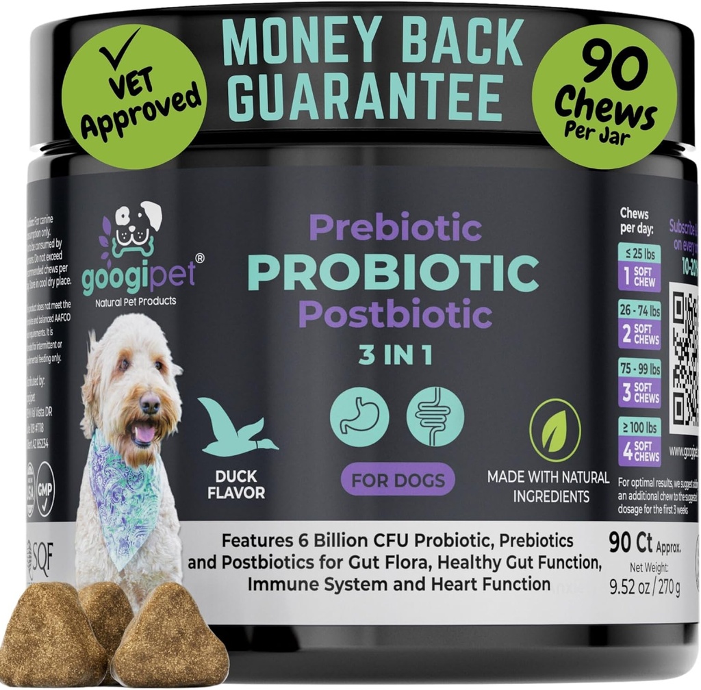 Probióticos de googipet para perros Salud Digestiva - Prebióticos y Probióticos Mandíbulas para perros Gut Health + Enzimas Digestivas - Probióticos de perros para la levadura picazón de piel Orejas w / Papaya, calabaza, " Fibra