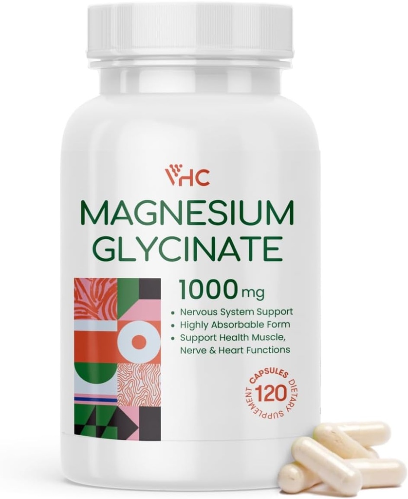 VHC Magnesium Glycinate 1000mg, Alta Absorción Máximo Chelated Pure Magnesium Glycinate Suplemento para Mujeres y Hombres, No Gluten, 120 Veggie Caps, Made in USA