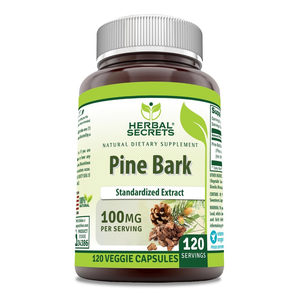 Herbal Secrets Pine Bark Extract Supplement TENED 100 Mg per Serving TEN 120 Veggie Capsules ← Non-GMO ANTE Gluten-Free TEN Made in USA