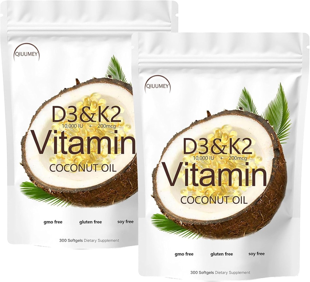 D3 + K2 Coconut Oil Soft Gels, Vitamina D3 10000 iu Plus K2 (MK-7) 200 mcg, Vitamina D3 K2 Suplemento Softgels, Replenish Vitamina D3 K2 Coconut Oil Softgels 300 Gels