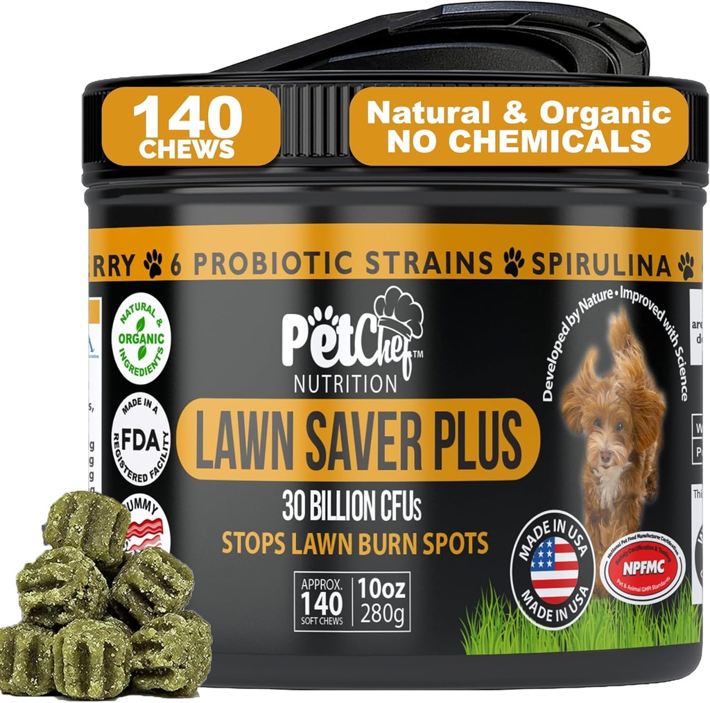 Pet Chef Lawn Saver, Soft Chew, Vegan Bacon! Canine Urine Yard Burn Stopper. Construye Yards, protege los daños vegetales y ayuda a crecer Yards. Evita los daños de Yard Pee
