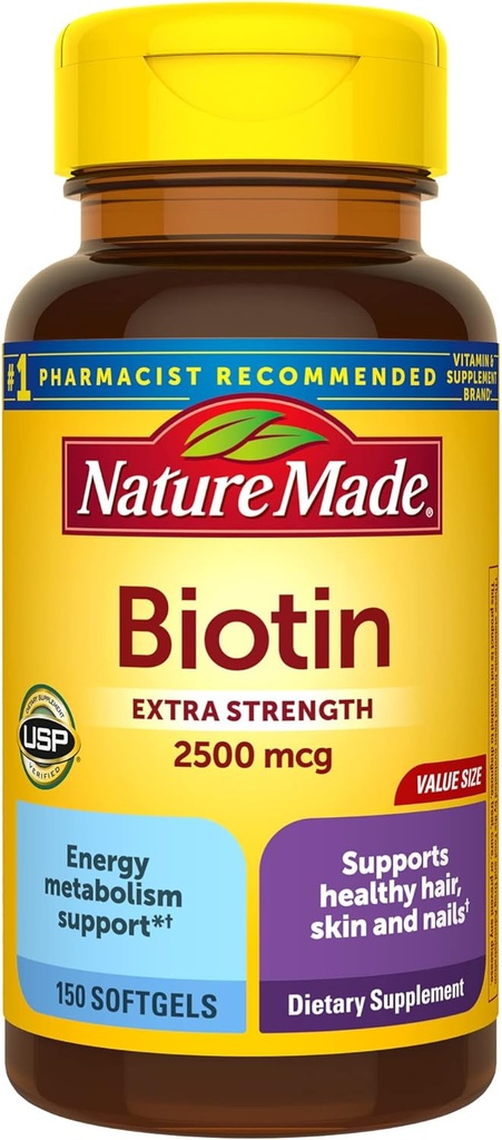 Nature Made Extra Strength Biotin 2500 mcg, Suplemento dietético para el cabello saludable, Skin & Nail Support, 150 Softgels, 150 Day Supply