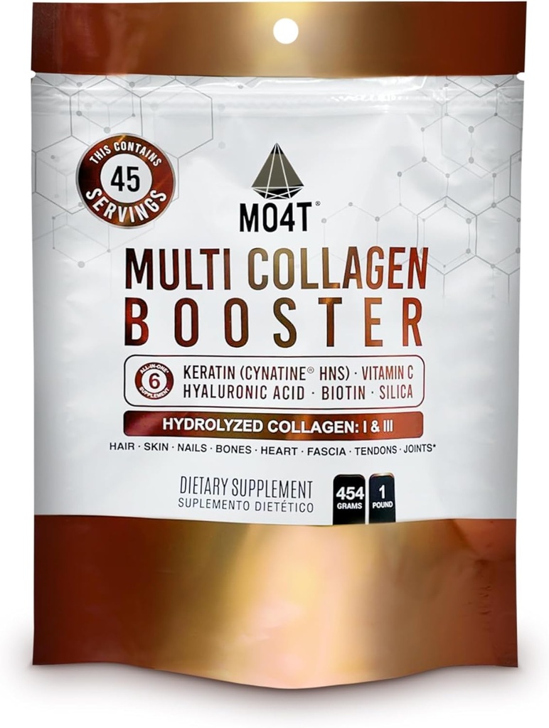 Multi Collagen Booster Powder – Extra Strength Collagen Suplemento con Keratina Añadida, Biotina, Ácido Hialurónico, Vitamina C &amp; Silica – Nutrientes Extra para el cabello, uñas, piel de cuerpo -1 libras