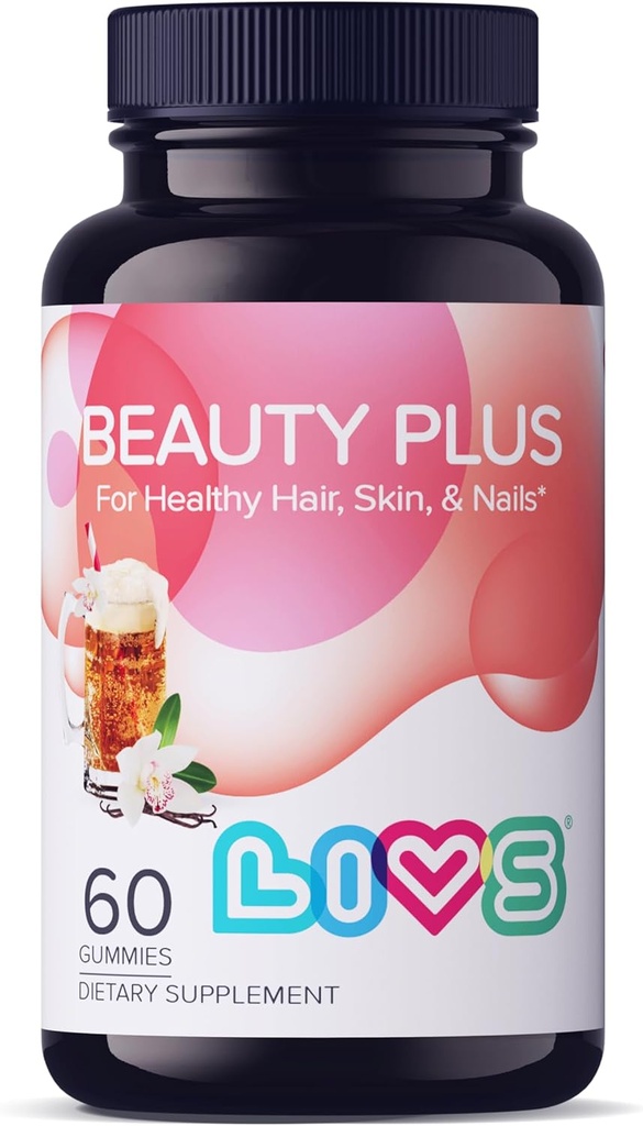 LIVS Beauty Plus Gummy Vitaminas - Biotin Gummies for Hair, Skin and Nails peru Natural, Gluten-Free, Non-GMO Beauty Supplement with Vitamin A, C, E, B12, D3, Zinc &amp; More - Cream Soda Flavor - 60 Ct
