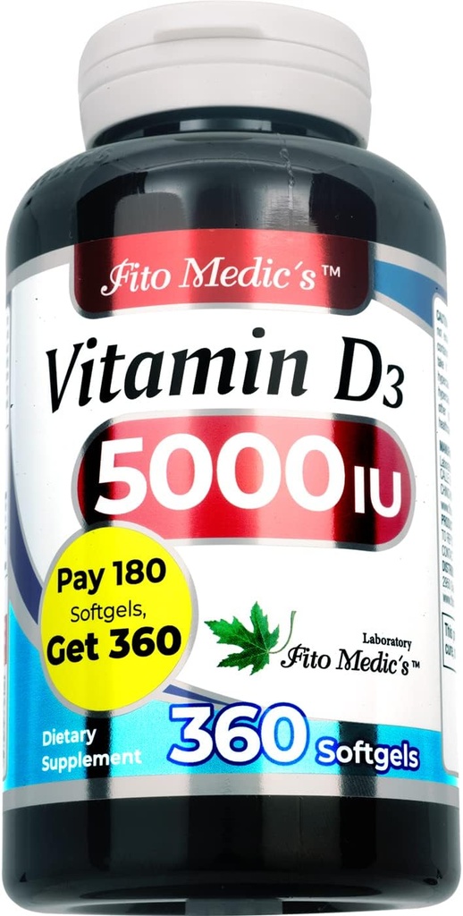 Laboratorio FITO MEDIC - Vitamina d - 5000 UI de - Vitamina d3-360 Softgels - Vitamina d3 5000 iu - para Bone, Dientes, Musculo e Immune Health Support, Ultra alta Absorción, vitamina d3.