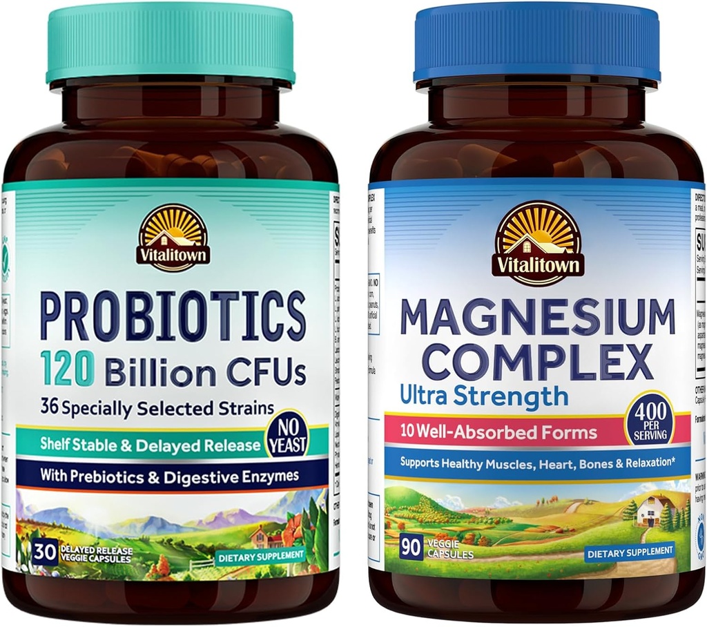 Vitalitown Probiotic + Magnesium Bundle (Pack of 2) Silencio Probiotics 120 Billion (Item 1) & 6-in-1 Magnesium Complex (Item 2) ← Gut, Bone, Muscle, Sleep Health TEN Vegan TEN 30 Capsules &amp; 120 Capsules