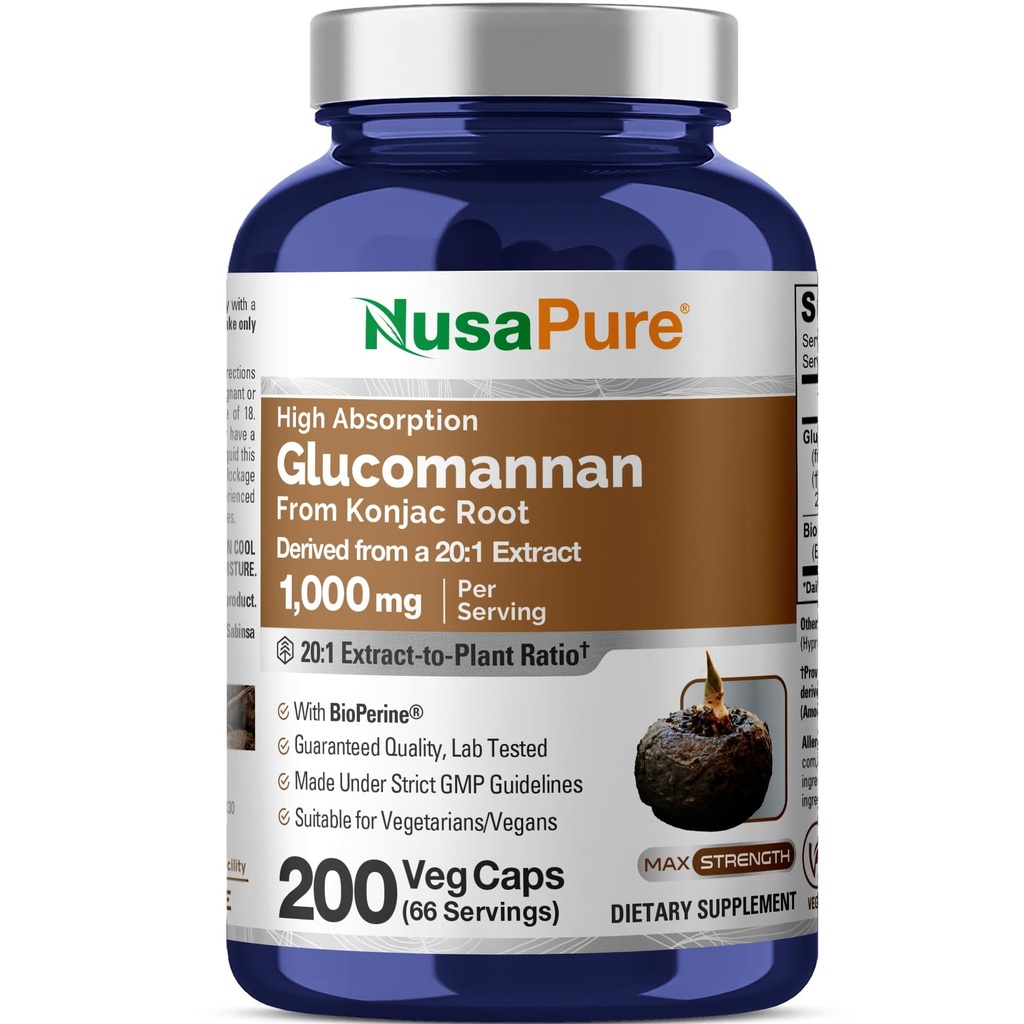 NusaPure Glucomannan 20.000 mg por Serving 200 VCaps (20:1 Extracto, BioPerine Non-GMO, Vegan) Konjac Root