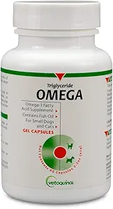 Vetoquinol Triglyceride Omega 3 Suplemento para perros y gatos, suplemento de aceite de pescado con EPA y DHA, promueve la piel, la carne, la unión y la salud inmunitaria, Omega 3 aceite de pescado para perros y gatos hasta 30 libras, 60ct