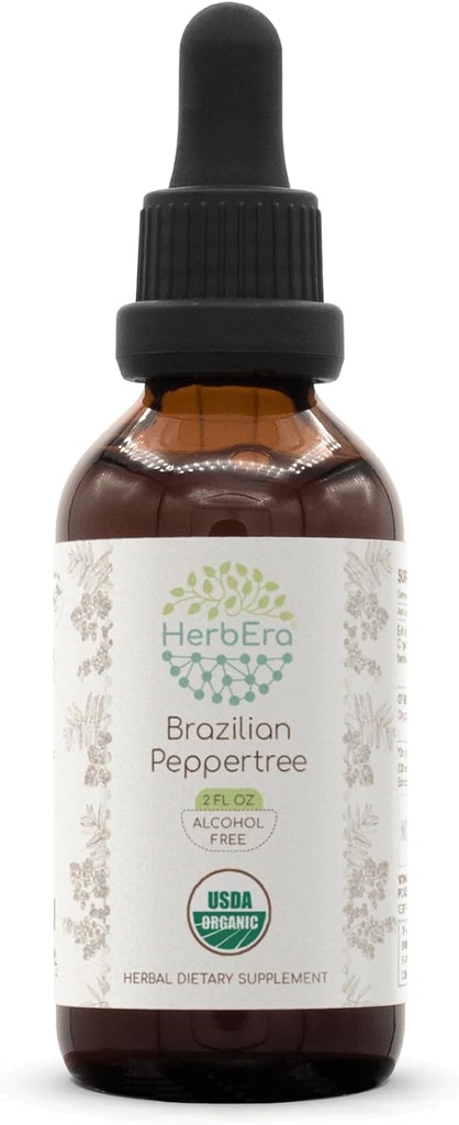 HerbEra Brazilian Peppertree B60 USDA Organic Tincture | Alcohol-Free Extract, High-Potency Herbal Drops | Certified Organic Brazilian Peppertree (Schinus terebinthifolius) Dried Fruit (2 oz)