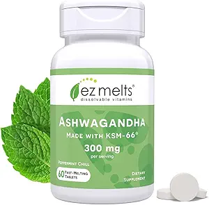 EZ Melts Dissolvable KSM-66 Ashwagandha, 300 mg, Sugar-Free, Estrés, Sleep and Mood Support Supplement, 30-Day Supply, Peppermint Chill-Flavor - 1 Pack