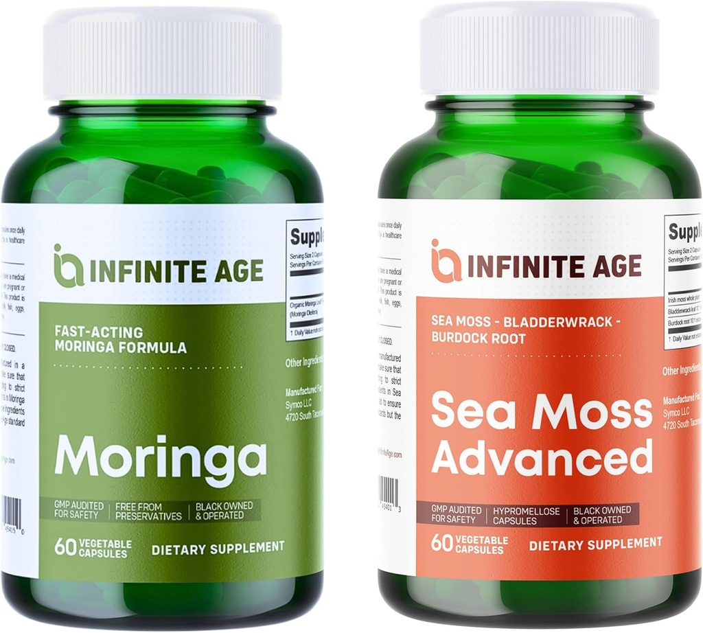 INFINITE AGE Wellness Bundle - Sea Moss Advanced 1250mg, Moringa Powder Suplemento Orgánico 1000mg - Made in The USA