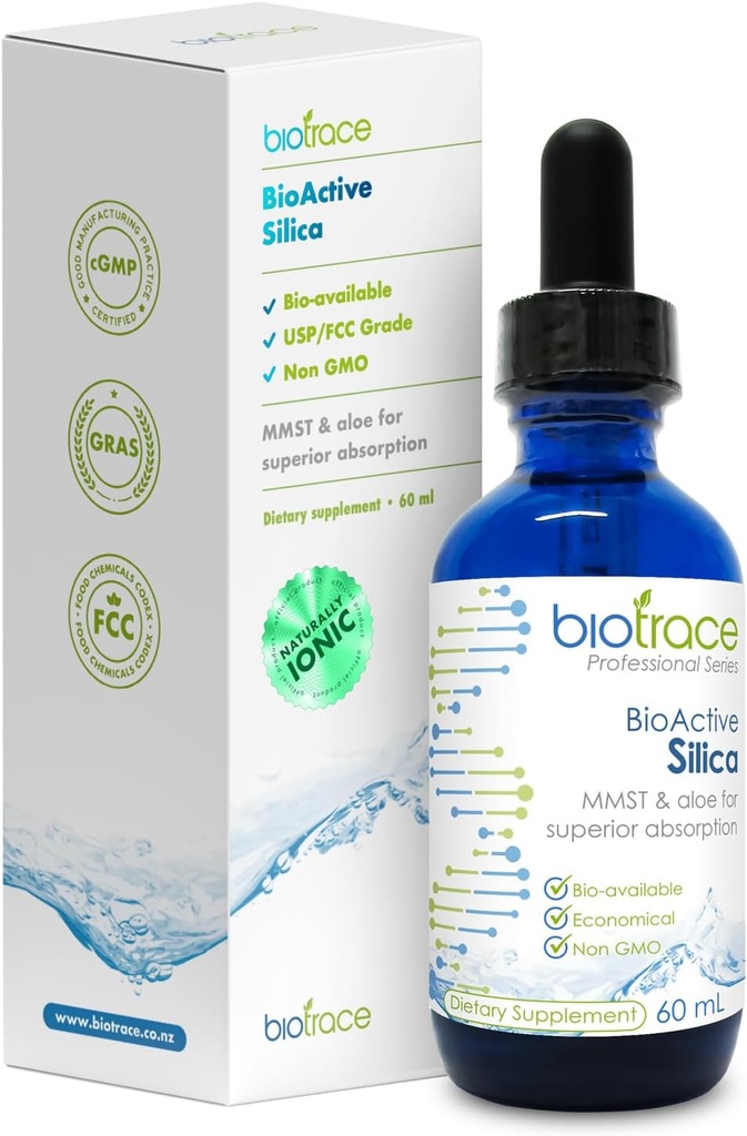 Biotrace BioActive Silica Drops ← Concentrado Mineral líquido para el cabello sano, la piel, las uñas y la producción de colágeno tóxico ayuda a administrar el calcio, la función conjunta y la función de los huesos TEN 2.02 Fl Oz