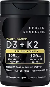 Sports Research Vitamin D3 K2 with 5000iu of Plant-Based D3 & 100mcg of Vitamin K2 as MK-7, Non-GMO Verified & Vegan Certified - 160 Liquid Softgels