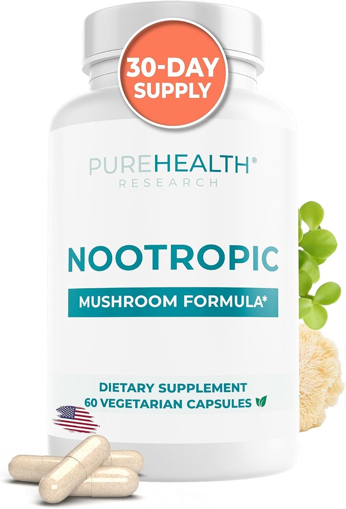 Nootropics Brain Memory and Focus Supplement - Lions Mane, Shiitake, Chaga, Reishi Mushrooms Powder - Mejorar la salud cognitiva con Bacopa Monnieri y Gingko Biloba Extract , 60 cápsulas