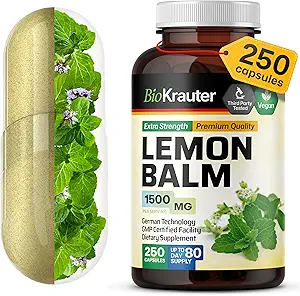 BIO KRAUTER Lemon Balm Capsules 1500 mg - 250 Conde - Vegan Melissa Herbal Suplemento - Natural Relax Apoyo - Lemon Balm Leaf