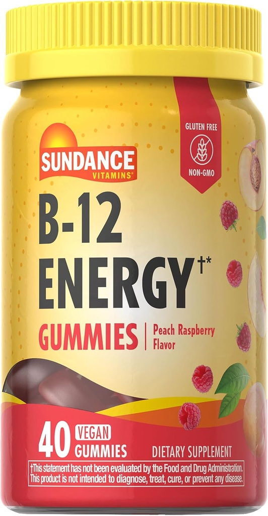 Sundance Vitamina B-12 Gummies Energética ← 40 Conde ← Peach Raspberry Flavor ← Vegan, No GMO, y Gluten Suplemento Libre