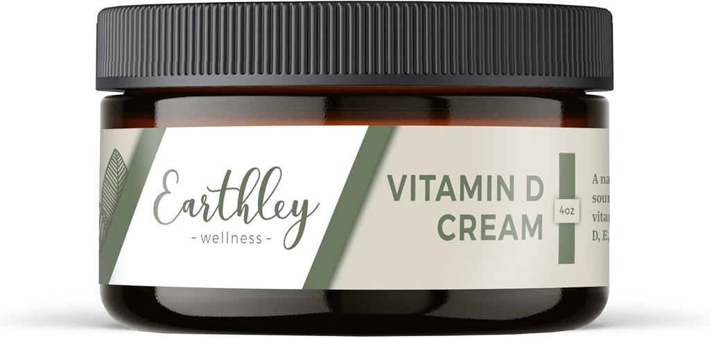 Earthley Wellness Vitamina D Cream, Vitamina Tópica Natural D con Vitaminas A, D, " K2, Salud del Corazón, Salud de la piel y Embarazo, Base de aceite de hígado de bacalao (4 oz, Vitamina D Cream)